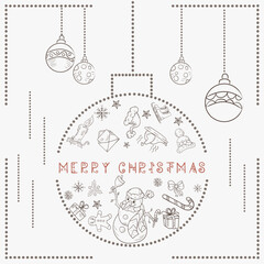 Christmas contour illustration in the style of childrens doodles Christmas design elements in a Christmas ball a Snowman with a bell