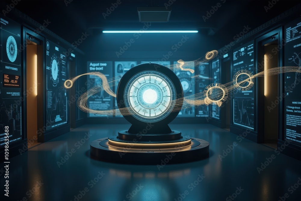 Poster futuristic research room featuring time manipulation concepts with interactive displays and a centra