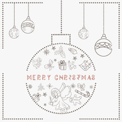 Christmas contour illustration in the style of childrens doodles Christmas design elements in a Christmas ball an angel with candles