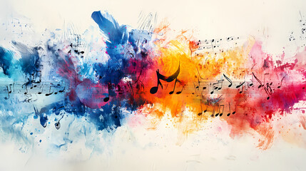 Obraz premium A dynamic, colorful burst of paint with faint sheet music notes overlaid, creating an abstract representation of musical energy. Abstract. Illustration