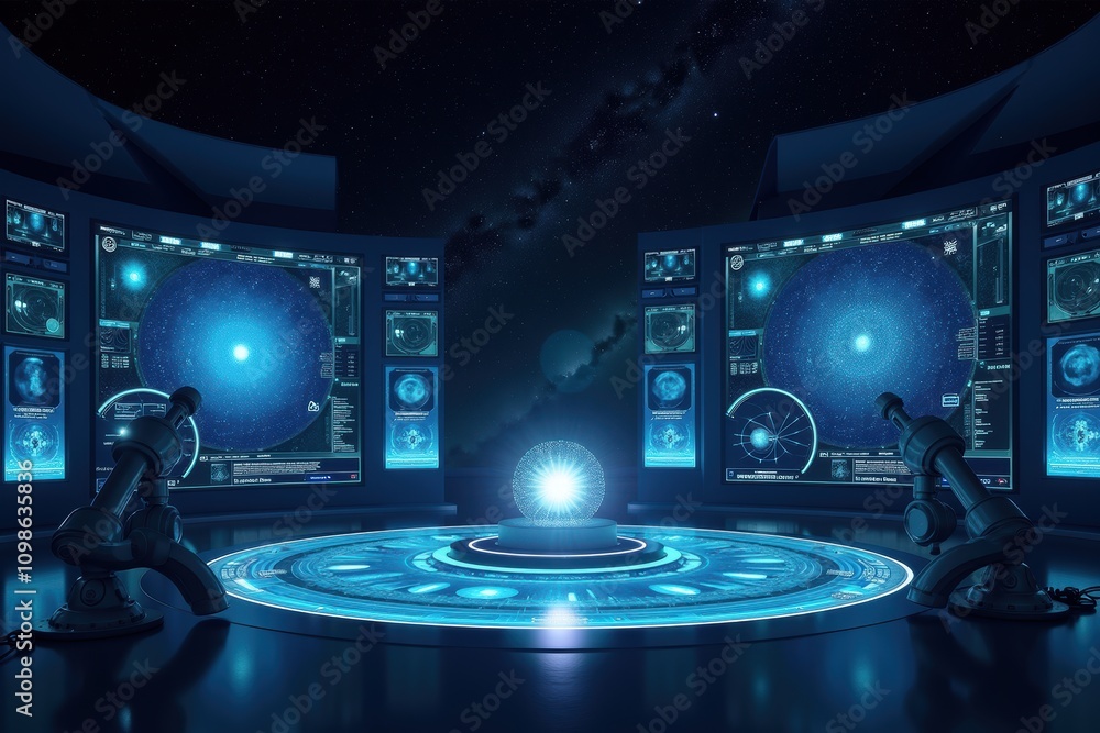 Poster futuristic space observatory interior with advanced technology screens displaying cosmic data and ce