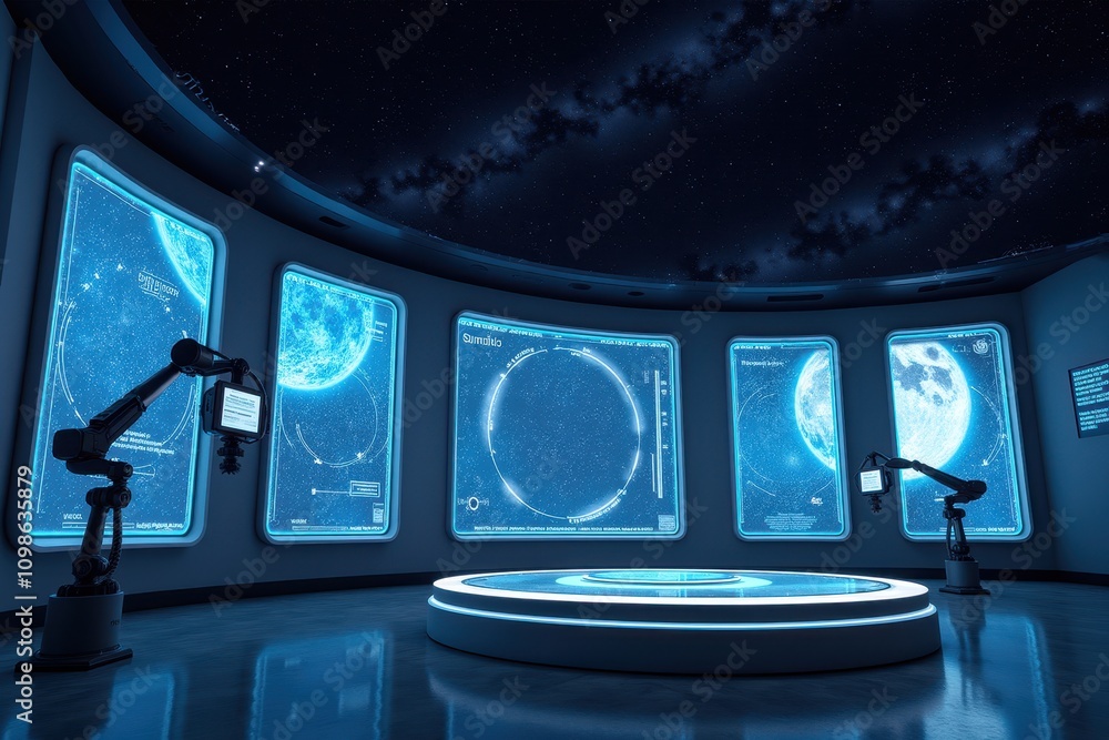 Poster futuristic space observatory interior with interactive displays and cosmic visualization technology 