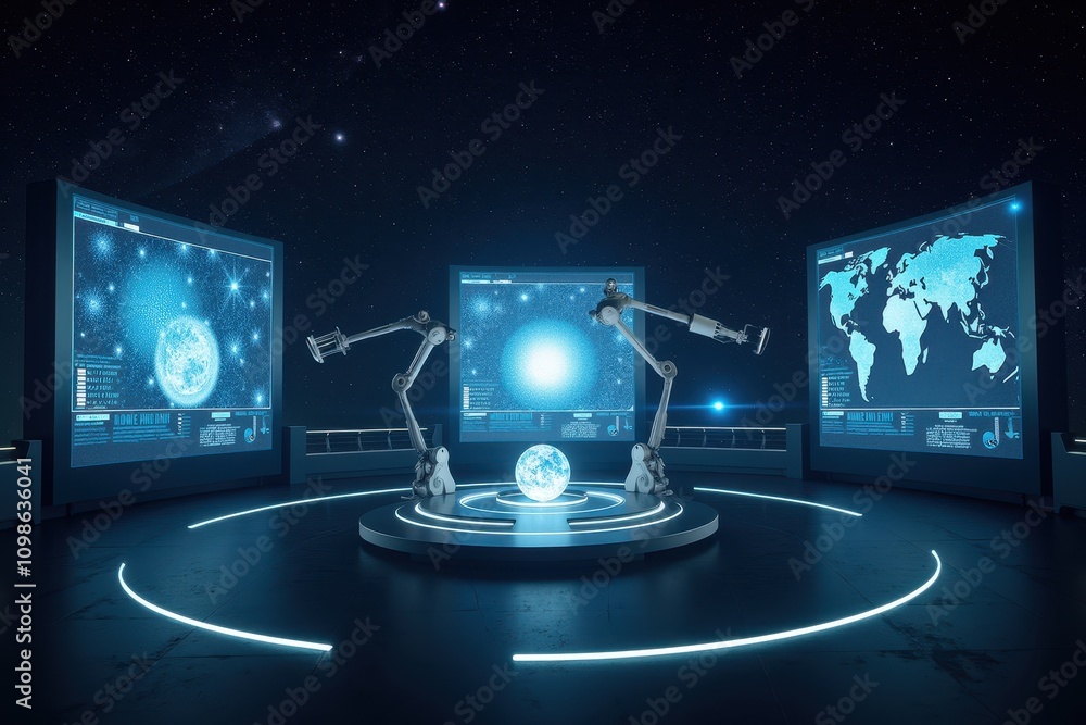 Aufkleber futuristic space observatory with robotic arms analyzing earth from a stellar perspective in a high-