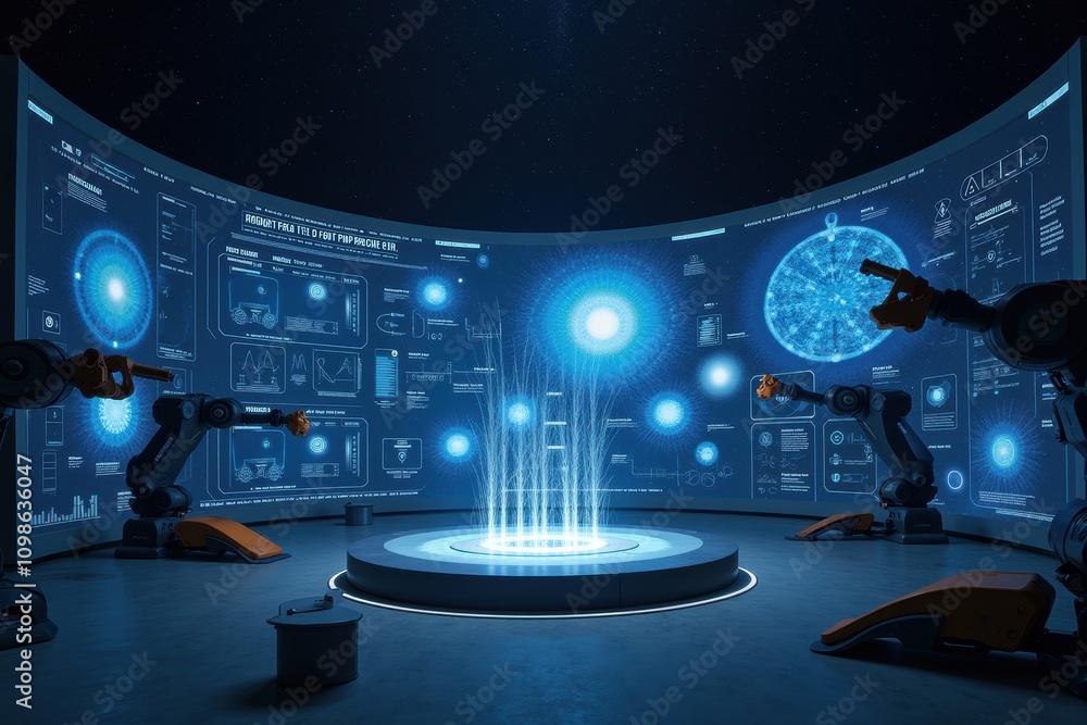 Poster futuristic space observatory with interactive holograms and robotic arms analyzing stellar data in a