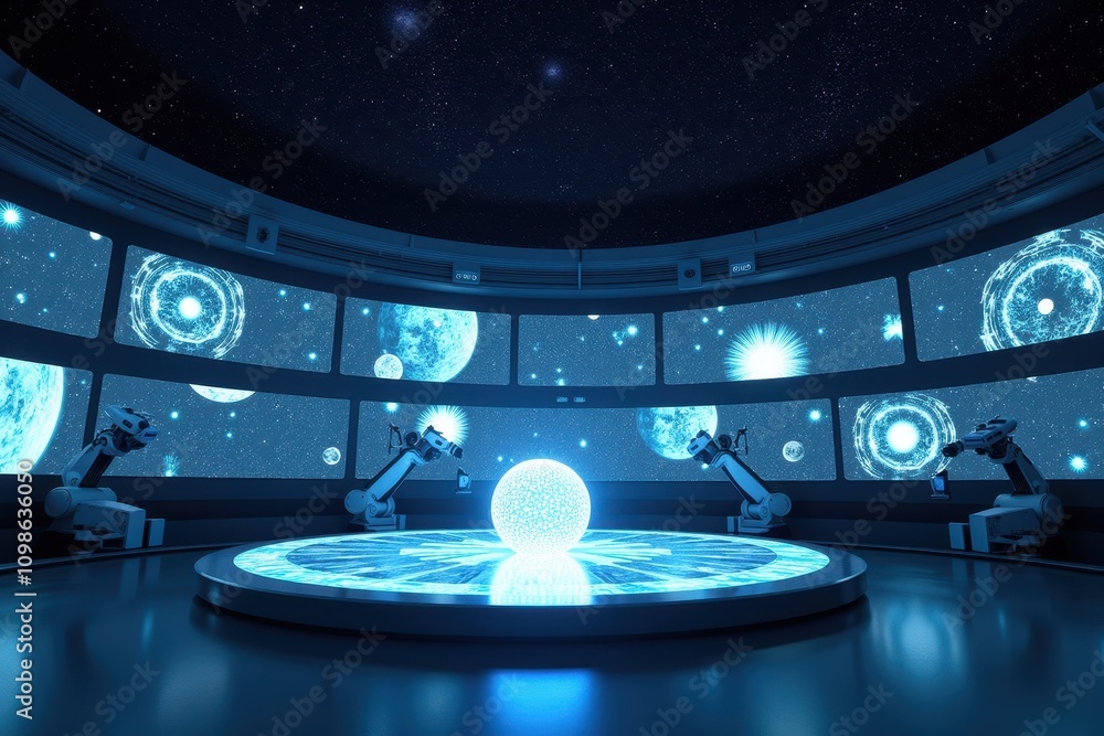 Poster futuristic space observatory with high-tech robots and cosmic visualization in a stunning starry env