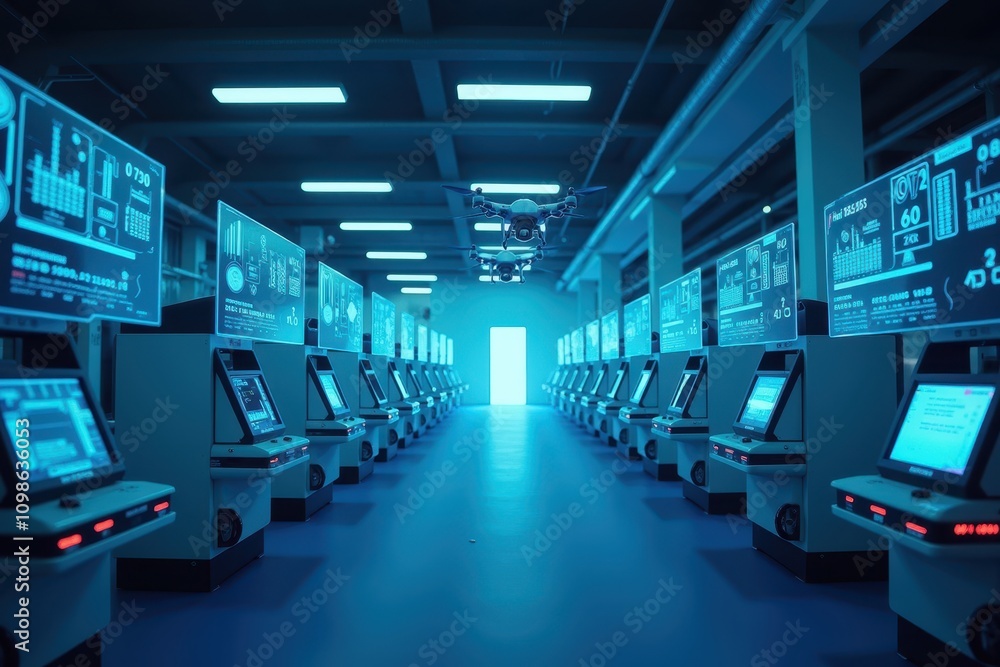 Poster futuristic technology production environment with data screens and drones highlighting time metrics 