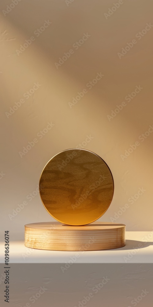 Poster elegant minimalist wooden display stand with a circular mirror, capturing warm light in a neutral se