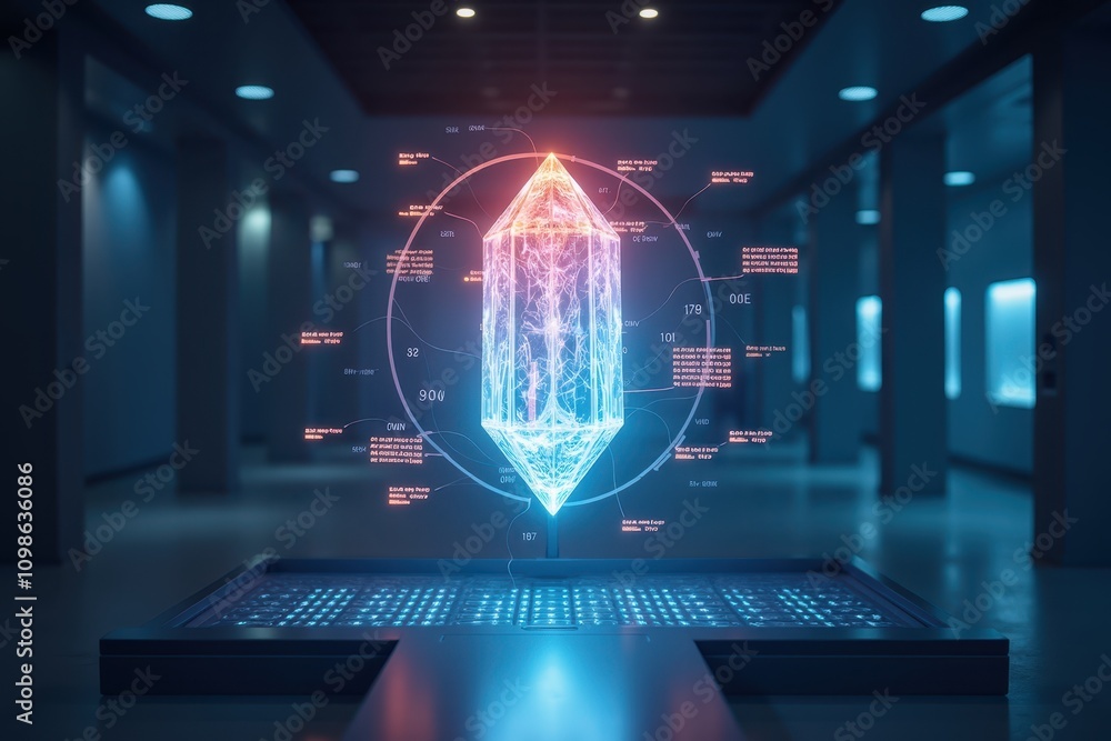 Poster futuristic visualization of a crystal in a laboratory setting with digital graphics and scientific d