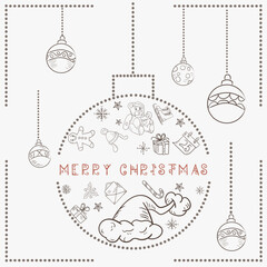 Christmas contour illustration in the style of childrens doodles Christmas design elements in a Christmas ball Santa Claus hat