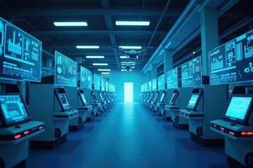 Obraz premium Futuristic Technology Production Environment with Data Screens and Drones Highlighting Time Metrics and Efficiency in Modern Operations