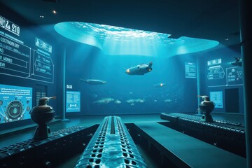 Futuristic underwater laboratory with advanced technology, showcasing submarines, scientific research, and marine life in a dynamic aquatic environment