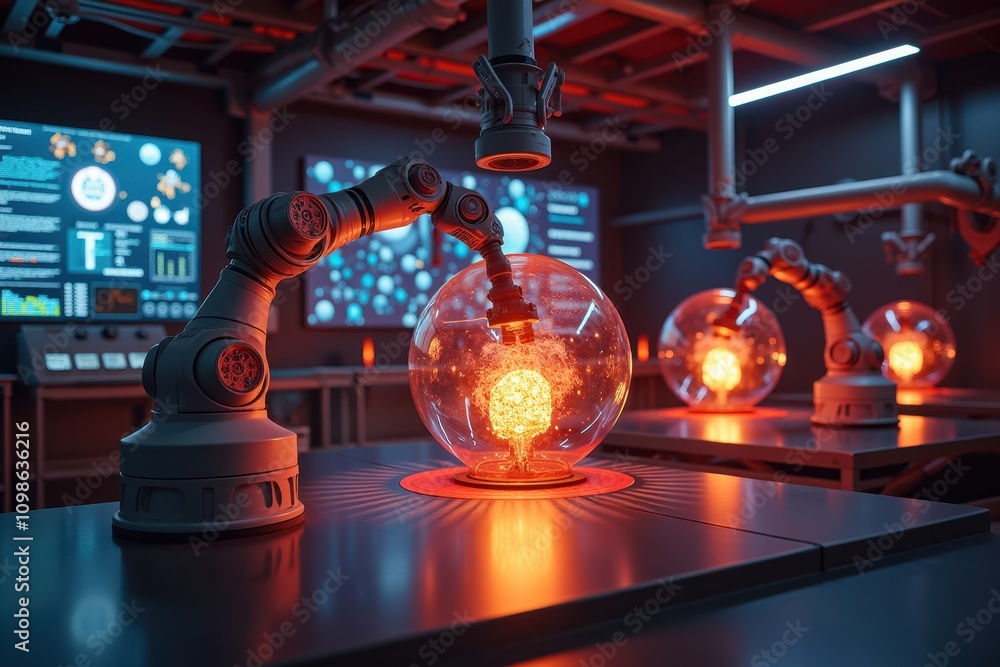 Poster high-tech laboratory featuring advanced material fusion with robotic arms and glowing spheres in a m