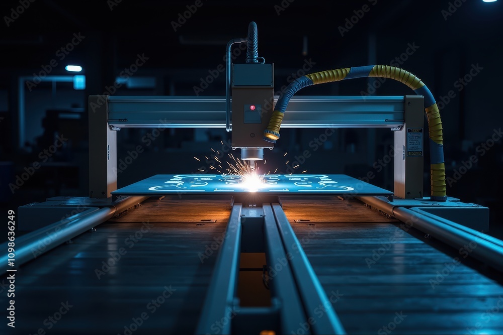 Poster high-tech laser cutting machine in action illuminates a factory workspace with sparks and precision 