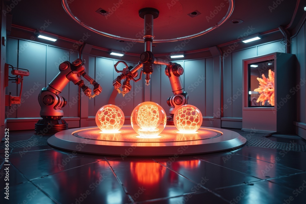 Poster high-tech laboratory with robotic arms engaged in material fusion process featuring illuminated sphe