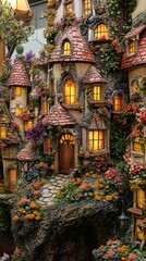 A whimsical fairy tale village with glowing windows and vibrant flowers, creating a magical and enchanting atmosphere.