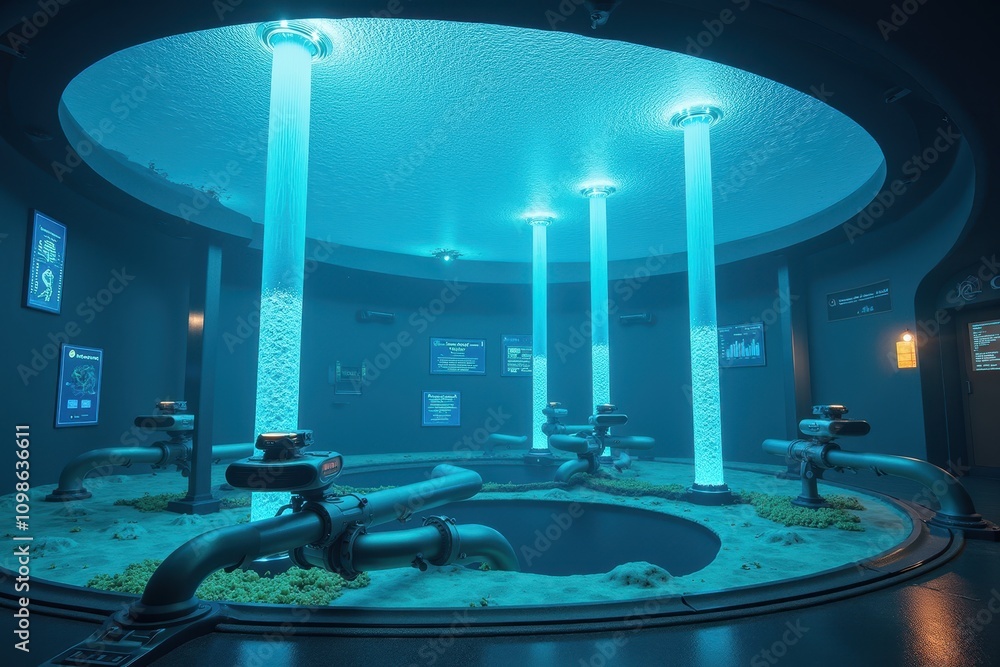 Poster innovative laboratory featuring advanced energy concepts with unique light features and high-tech eq