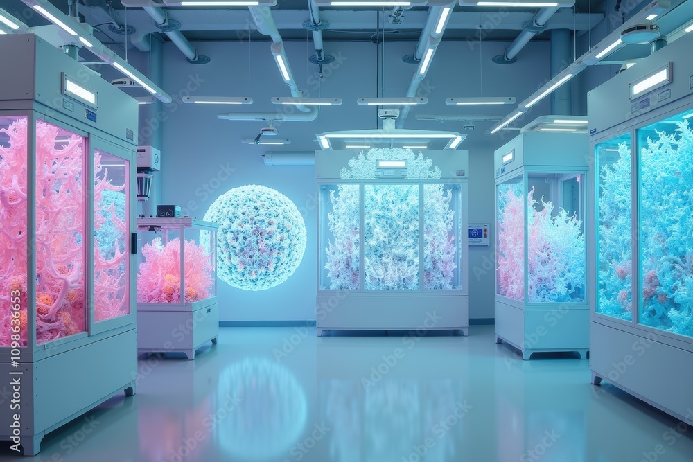 Poster innovative laboratory setting featuring colorful biological growth in transparent enclosures with fu