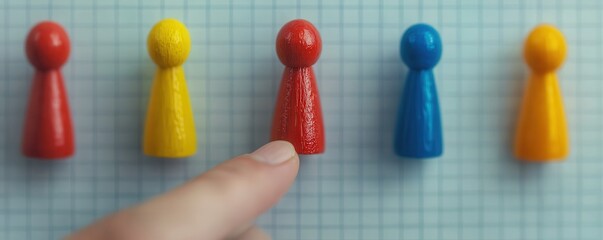 Rank and coordinator concept. Colorful figures with a finger pointing at the red one.