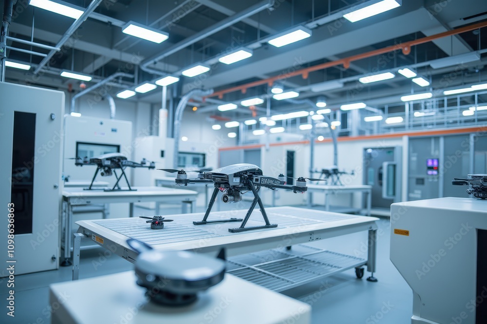 Poster modern drone assembly line in a high-tech manufacturing facility showcasing various drones on tables