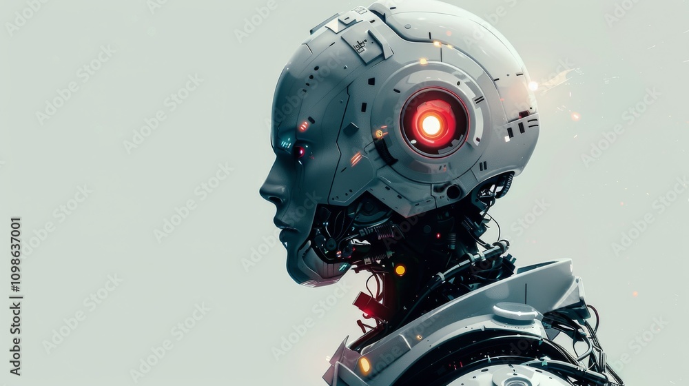 Poster a detailed side view of a futuristic humanoid robot with a glowing red eye, showcasing advanced tech