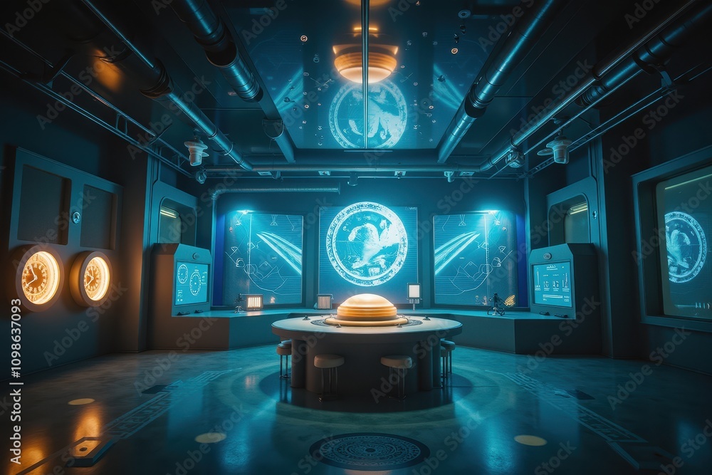 Aufkleber modern research room with high-tech displays and illuminated ceiling in a futuristic setting for sci
