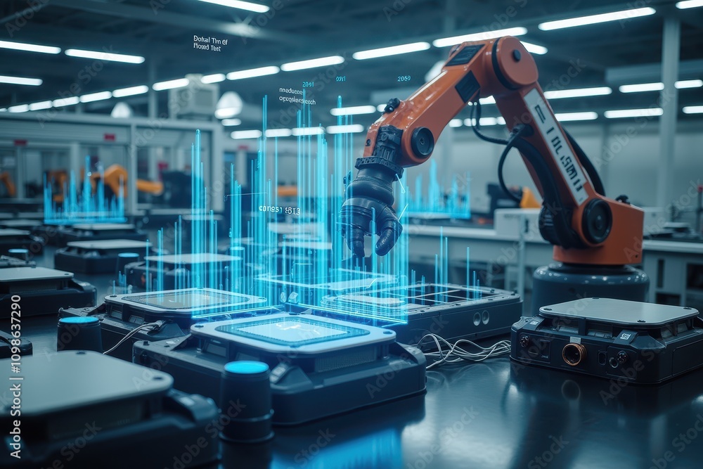 Poster robotic arm in assembly line featuring data analytics and automated solutions for efficient manufact