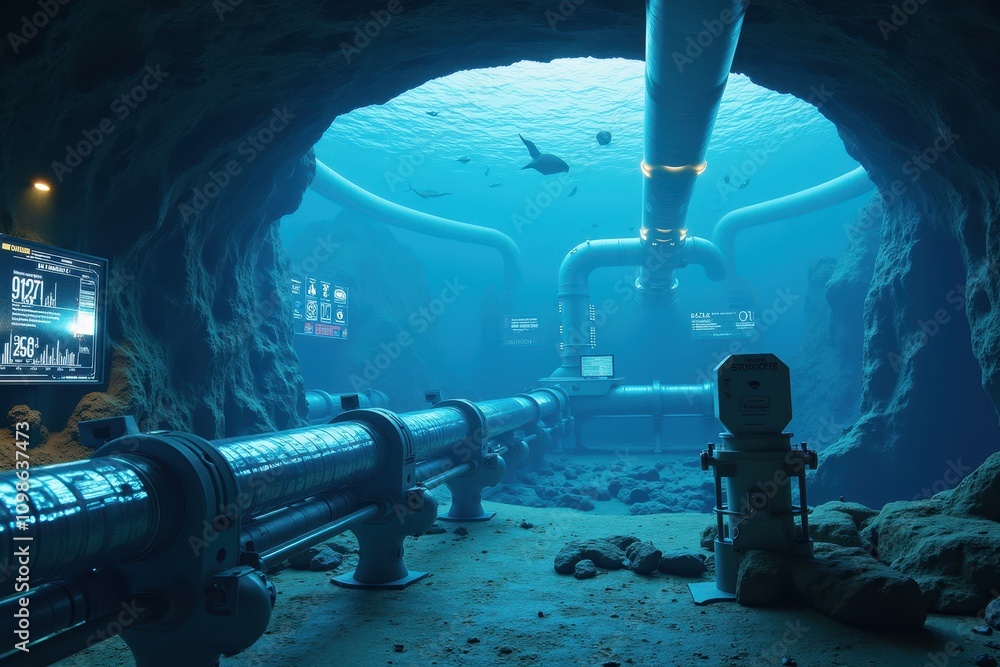 Poster underwater energy lab with advanced technology and monitors showcasing data and research in a subaqu