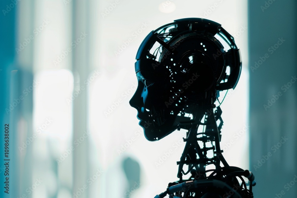 Poster silhouette of a robot with intricate wiring and components, set against a blurred background, showca