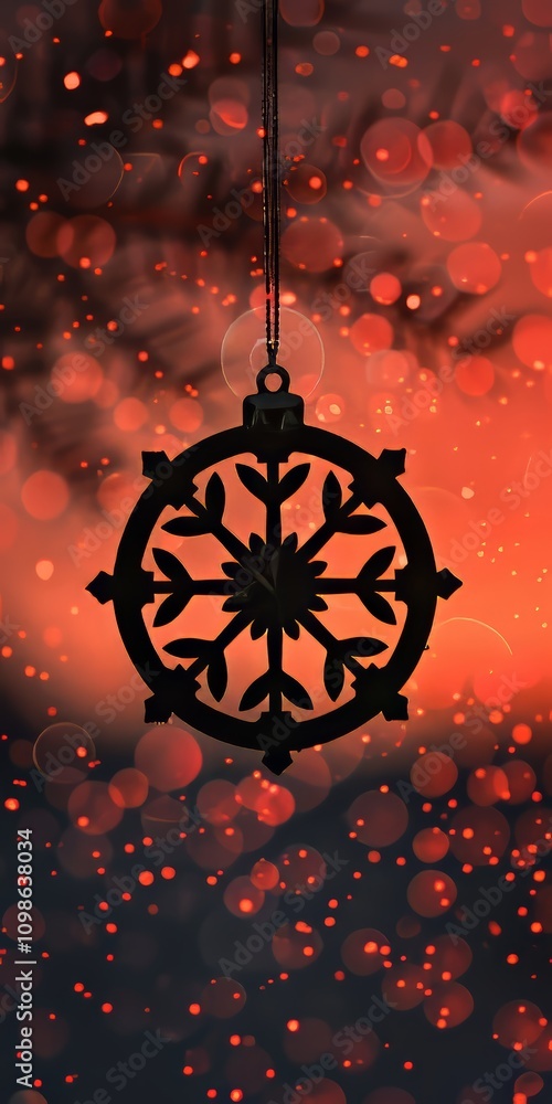 Poster a snowflake ornament hangs from a string. the ornament is black and white. the background is red and