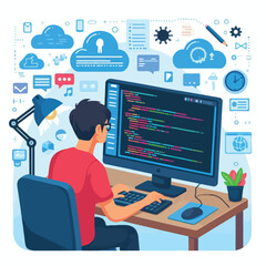 Fototapeta premium a boy is programming on his pc vector