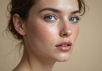 Fototapeta premium Skincare. Closeup of a womans face glowing hydrated skin on beige background closeup, highlighting her eyes and lips