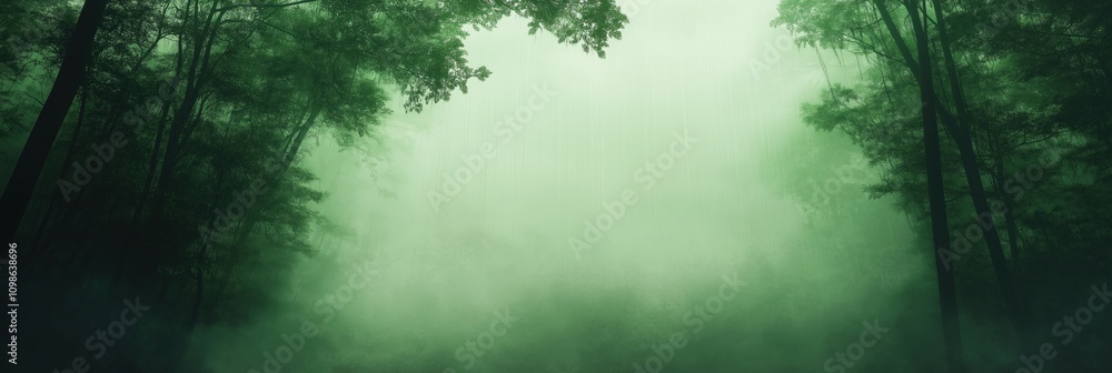 Poster a forest with trees and mist. the mist is thick and the trees are tall. scene is mysterious and sere