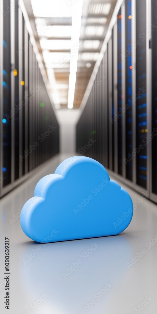 Poster a blue cloud is sitting on the floor in front of a row of servers. the cloud is small and round, and