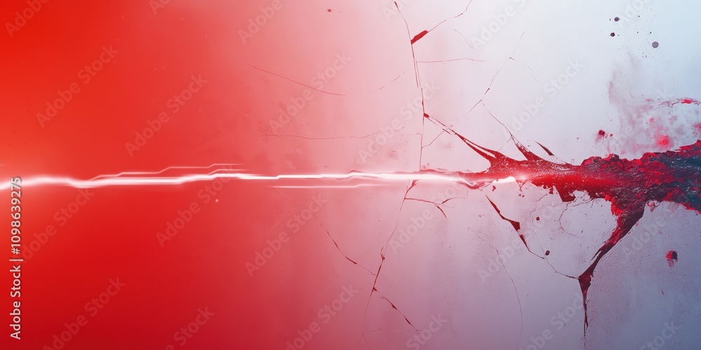Poster a red and white background with a red line that is shooting out of the screen. the red line appears 