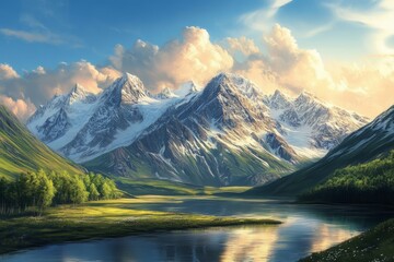 Fototapeta premium Stunning landscape of snow-capped mountains mirrored in a tranquil lake, surrounded by a lush green valley and vibrant sky.
