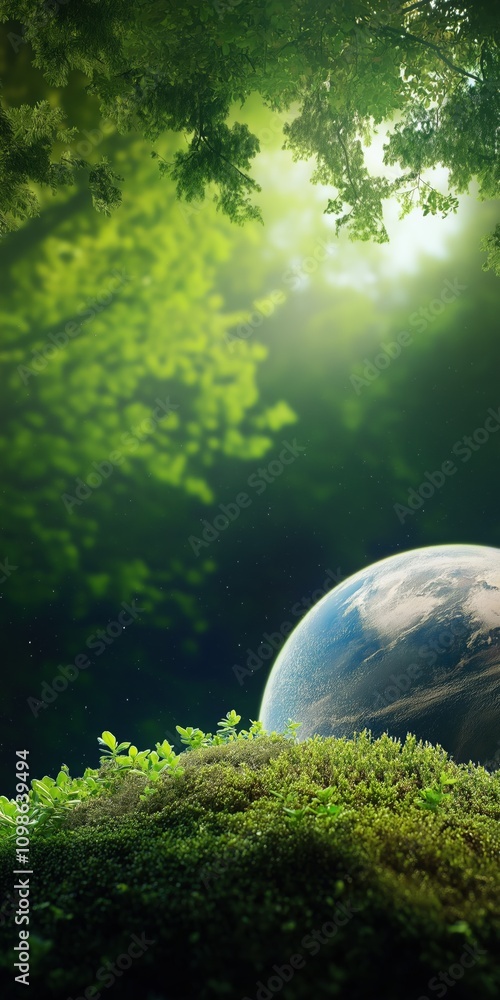 Poster a green forest with a large blue planet in the sky. the planet is surrounded by trees and grass