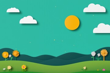 A green and blue sky with a sun and clouds. The sun is in the middle of the sky and the clouds are scattered throughout. The sky is peaceful and calm, with the sun shining brightly