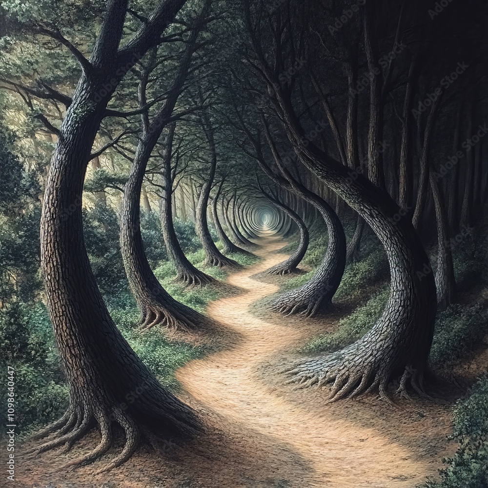 Poster a mesmerizing forest path lined with twisted trees creating a natural tunnel, evoking a sense of mys