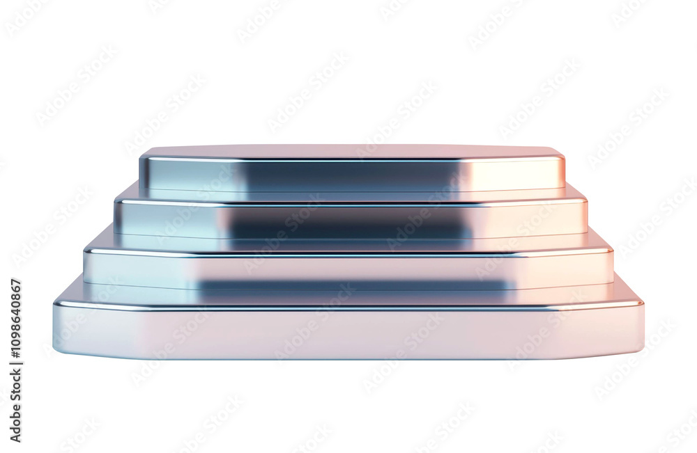 Poster gradient metallic platform featuring a tiered step design with reflective surfaces, suitable for tec
