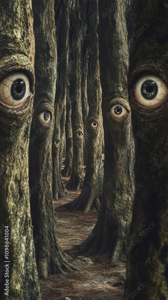Poster a forest with trees with eyes on them. the trees are in a row. the eyes are green