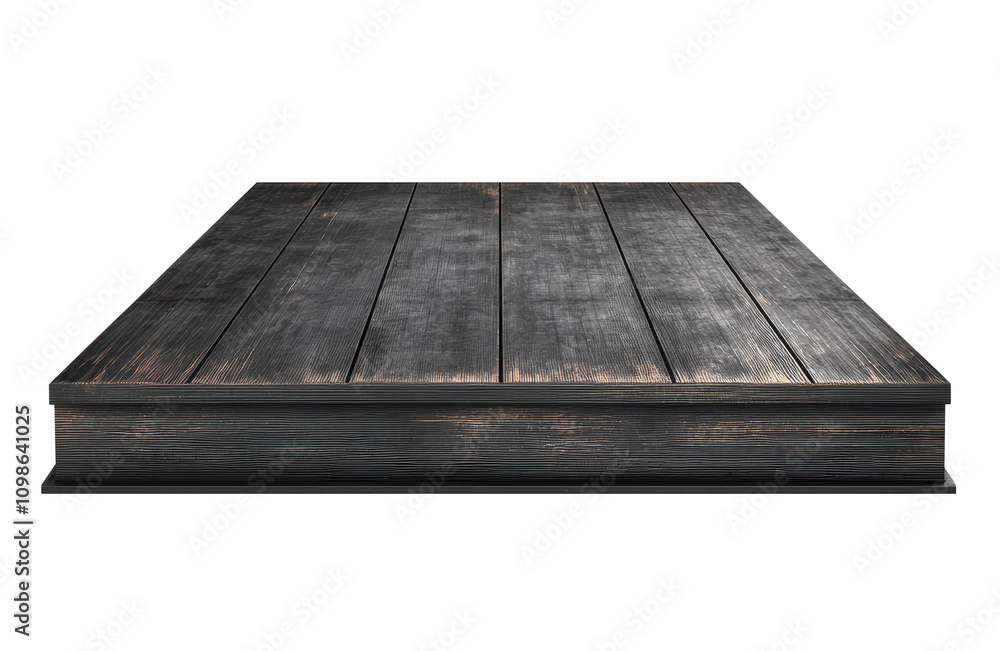 Poster dark wooden plank platform with rustic texture and smooth edges, perfect for showcasing products or 