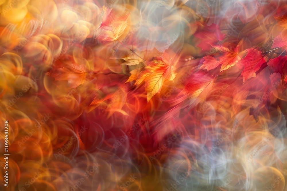 Poster a mesmerizing abstract image of autumn leaves with vibrant colors and artistic bokeh, creating a dre