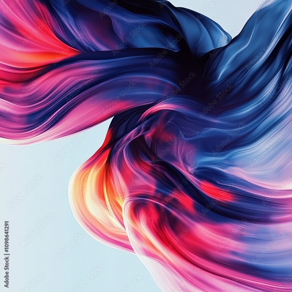 Poster a dynamic abstract image featuring vibrant, flowing colors resembling fabric in motion, creating a m