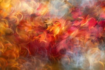 Obraz premium A mesmerizing abstract image of autumn leaves with vibrant colors and artistic bokeh, creating a dreamy nature scene.
