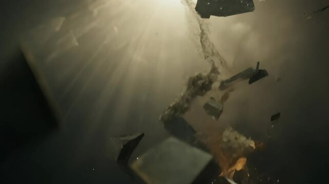 Dramatic Slow-Motion Debris Falling Through Sunlit Atmosphere