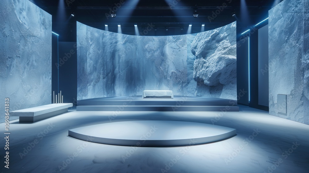 Poster a contemporary stage design featuring a minimalist setup with abstract ice-like background and soft 