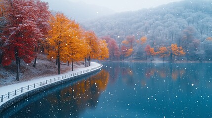 Obraz premium autumn and winter on a lake in the mountains, the ground has snow, the lake has red and yellow trees connected into a piece, cold winter, after the snow
