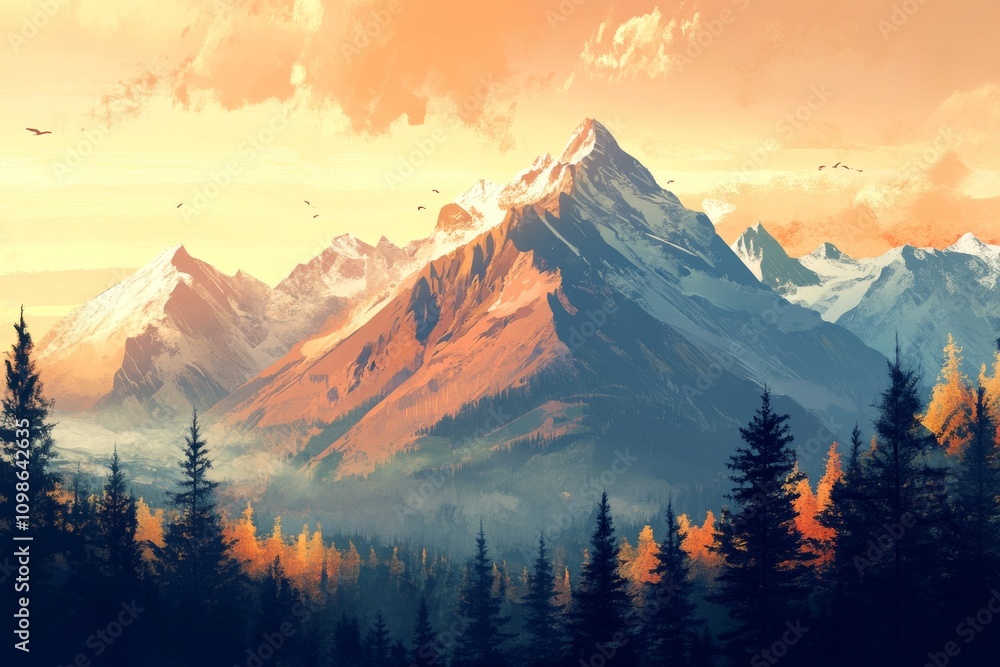 Poster a mountain range with a few trees in the foreground. the mountains are covered in snow. there are a 