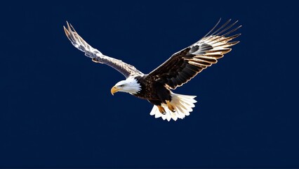 Obraz premium Majestic bald eagle in flight against a deep blue sky
