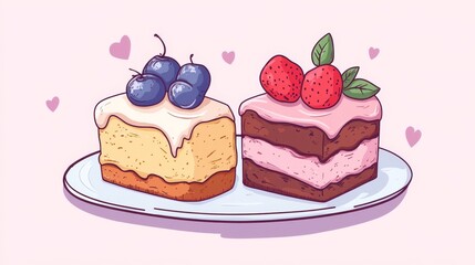 Charming illustration of two cartoon cake slices topped with strawberries and blueberries, perfect for dessert-themed designs.